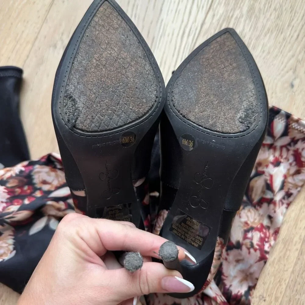 Jessica Simpson Over The Knee Stretch Black Floral Stiletto 4” Heel Size 6 Black